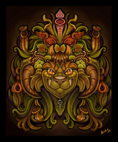 symmetry image of a green fluffy troll with various carnivorous plants nestled in the dark brown wavy hair. trollcross pendant. dark brown background
