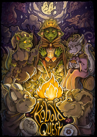 a collection of adventurer kobolds sat around a fire. behind a purple dark sky with dragons flying by. top center is a full moon breaking apart. golden text below with "kobold Quest"