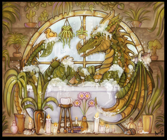 a green and yellow dragon having a nice soapy bath and struggling to fit in a small tub. big circular window behind, plants dotted about, candles on the floor. rubberduck on the tail
